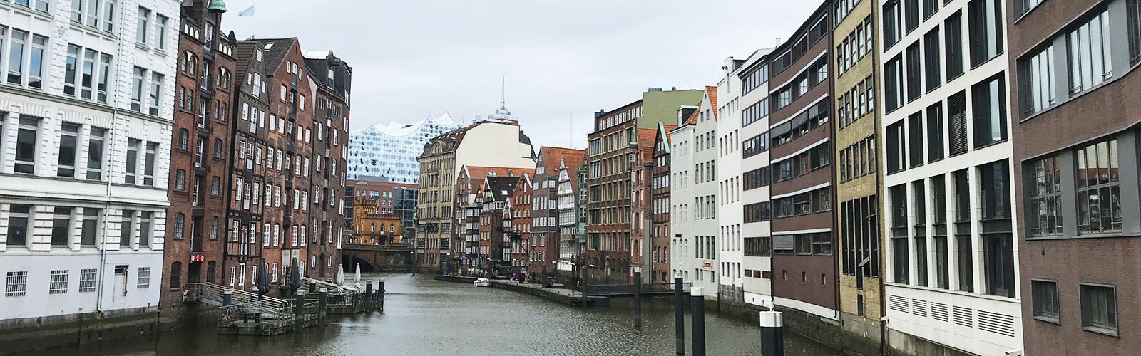 Houses line the riverbank of Hamburg. They are all close together and tall, with docks coming off some houses into the river.